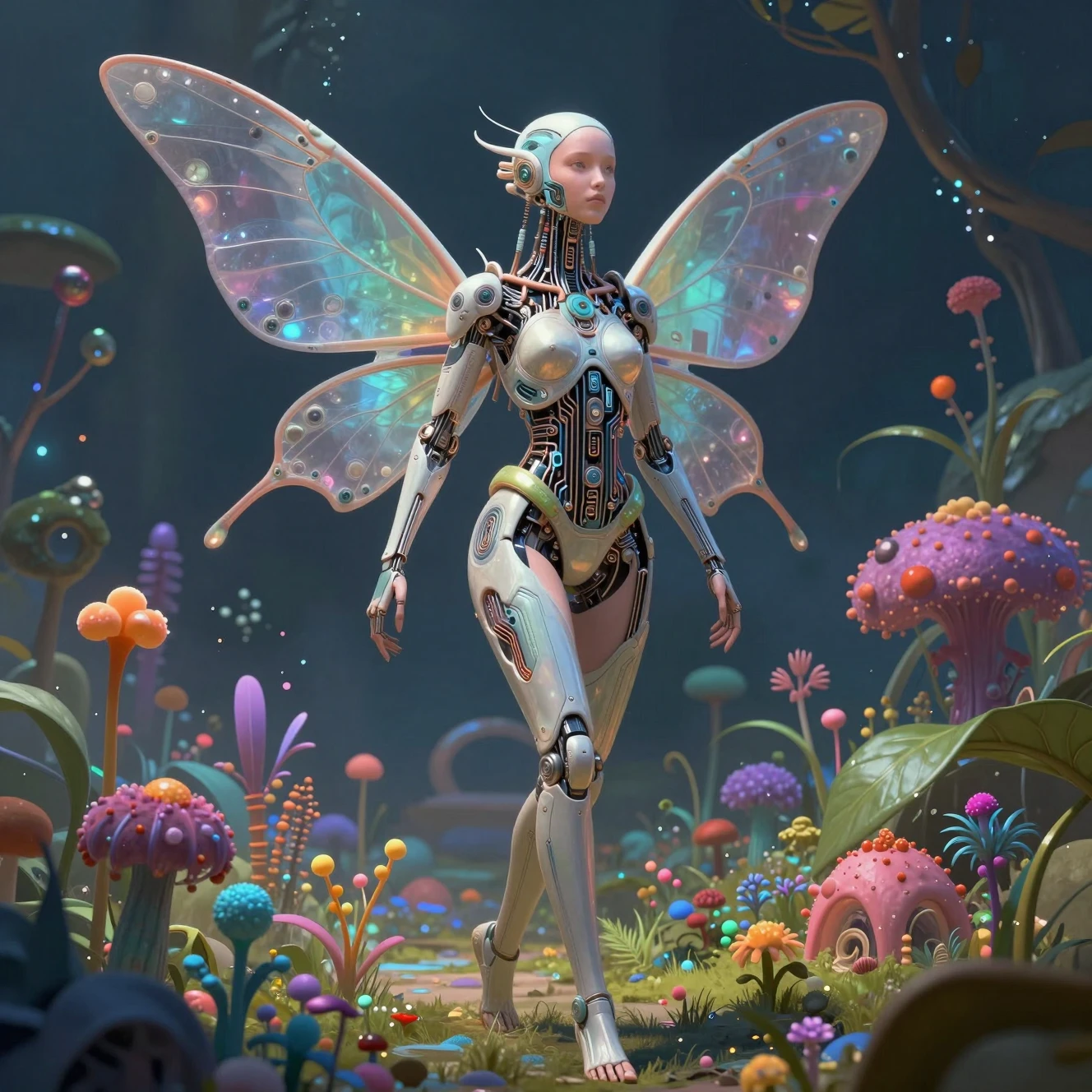 Abstract cyborg fae woman walking in a colorful garden