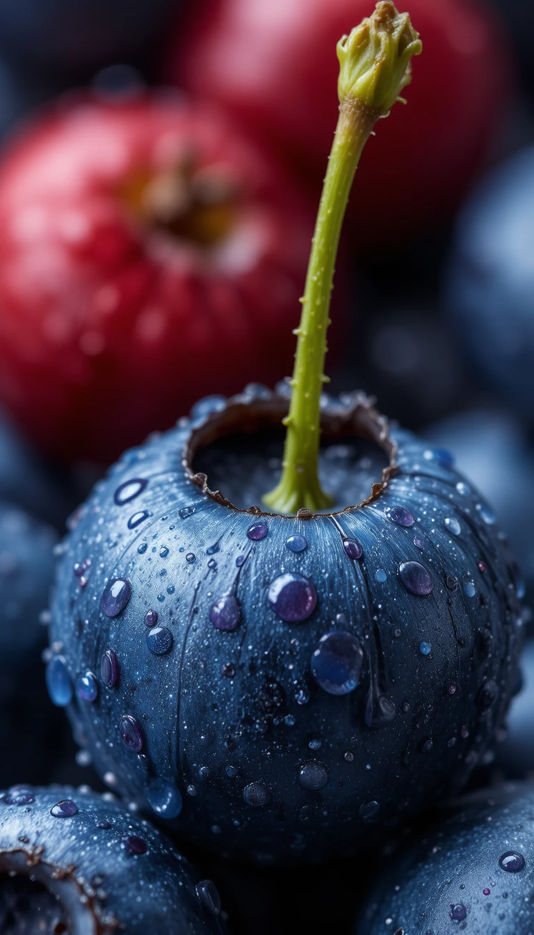 Close up of a single blueberry with glistening water droplets