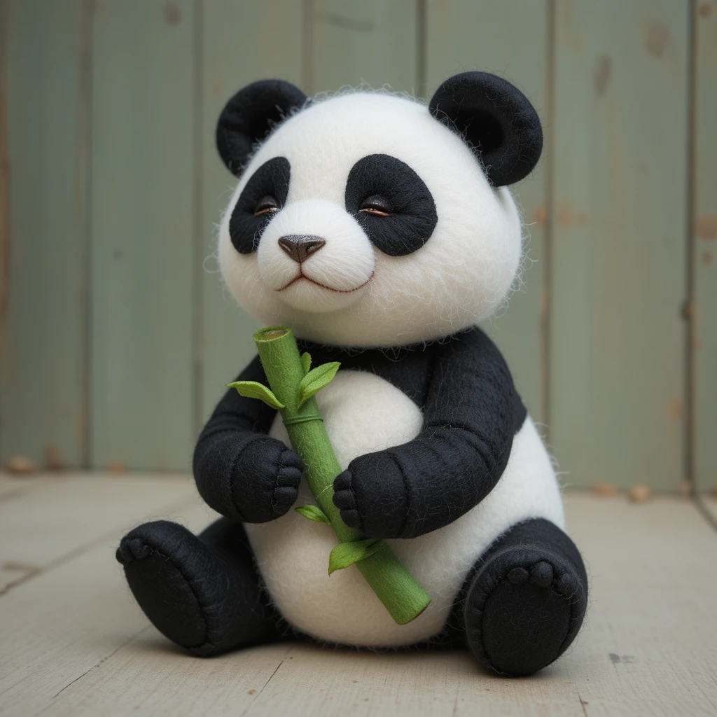 シンプルな緑の竹を抱えたかわいいフェルトパンダ