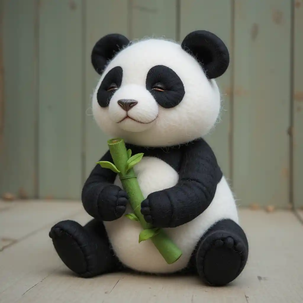 Fofo panda de feltro segurando simples broto de bambu verde