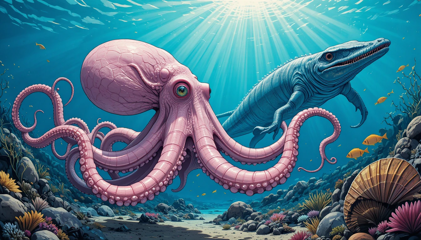 Pale pink octopus swimming in prehistoric ocean scene