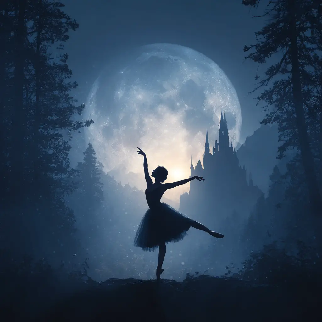 Silhouetted ballerina dancing before a giant silver moon