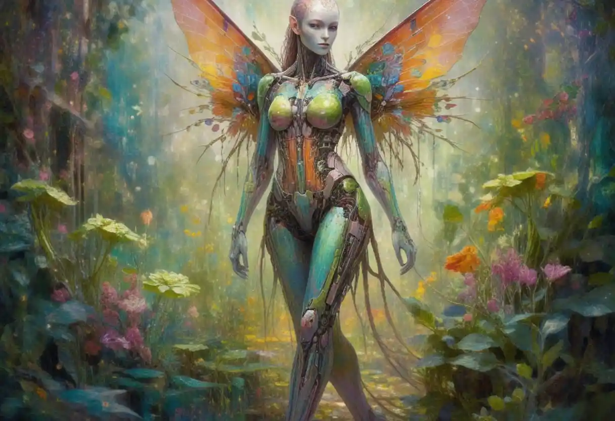 Tall cyborg fae woman walking through a colorful garden