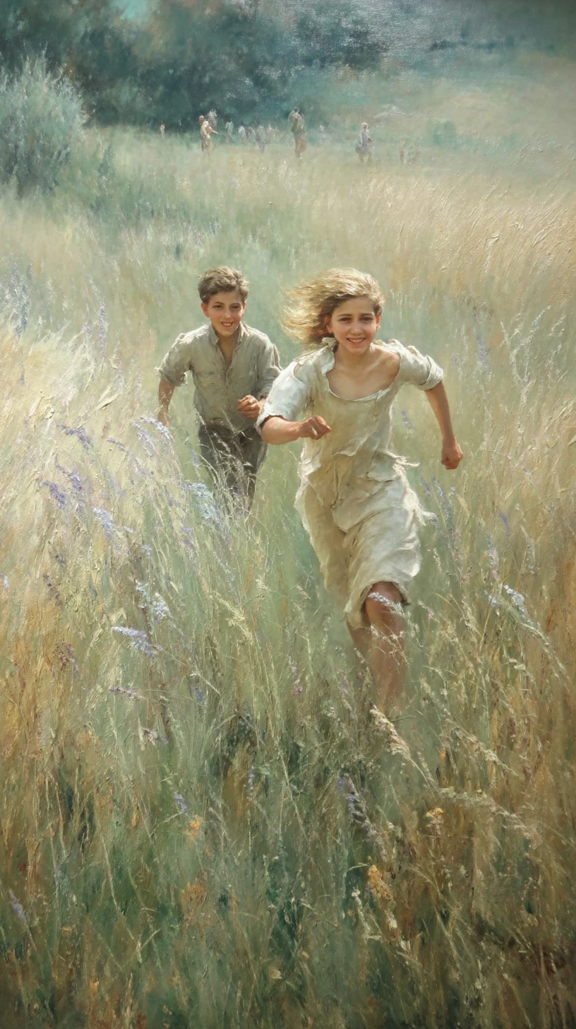 Joyful couple running through a sunlit summer meadow