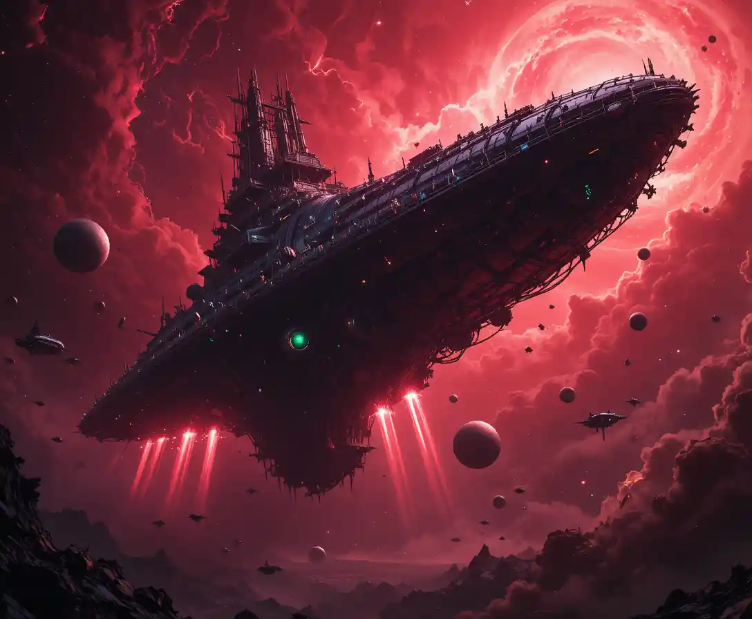 血のように赤い星雲から出現する巨大全宇宙エイリアン超旗艦