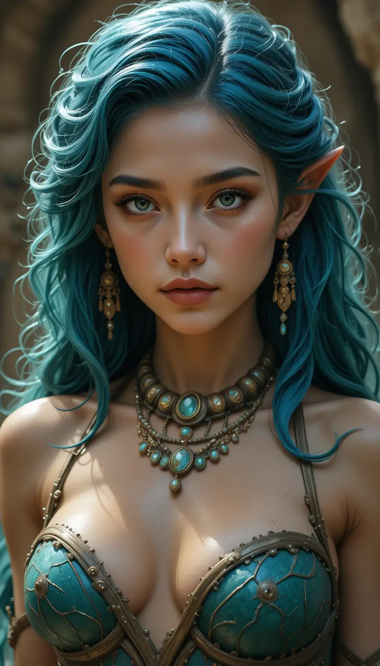 Regal blue haired mermaid woman in a Wakfu inspired world