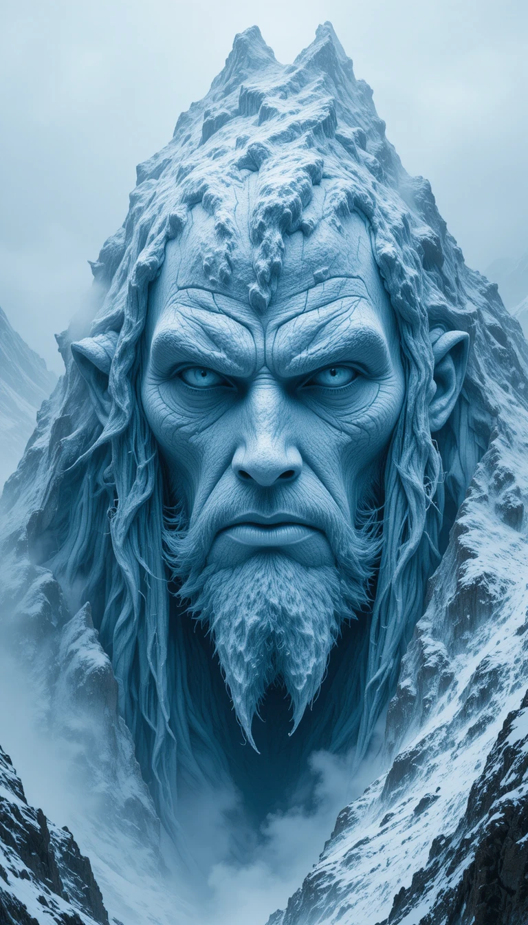 Mythic face carved into a snowy mountain peak