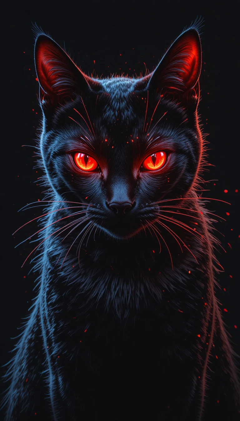 Black cat with glowing red eyes on dark background