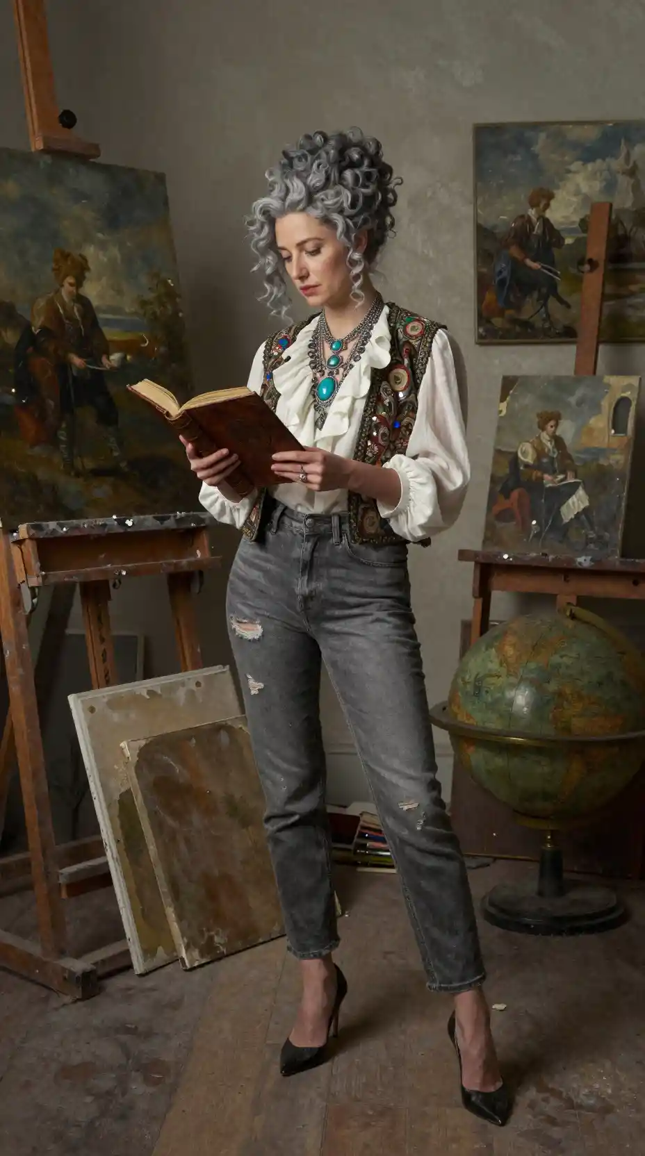 Thoughtful woman reading in a dusty vintage art studio