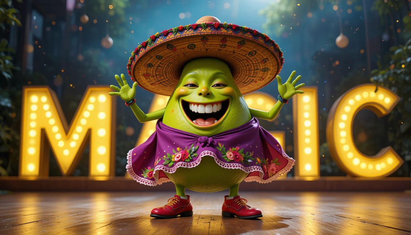Joyful cartoon avocado magician on a glowing stage
