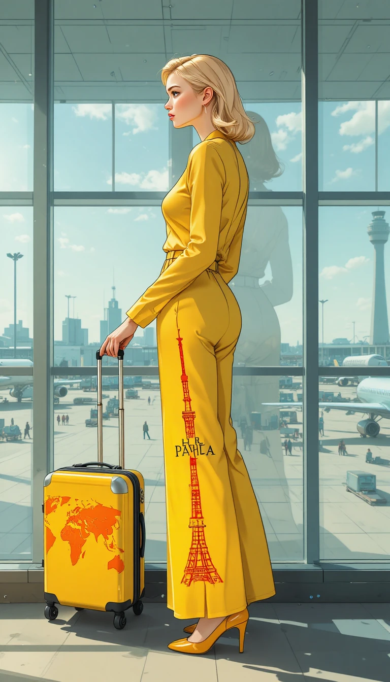 Stylish woman in yellow outfit at glass airport wall