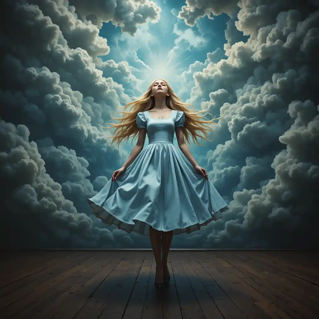Woman Leviting Over Wooden Floor Beneath Storybook Clouds