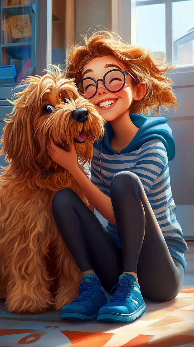 Woman with dog sharing a joyful moment on the floor