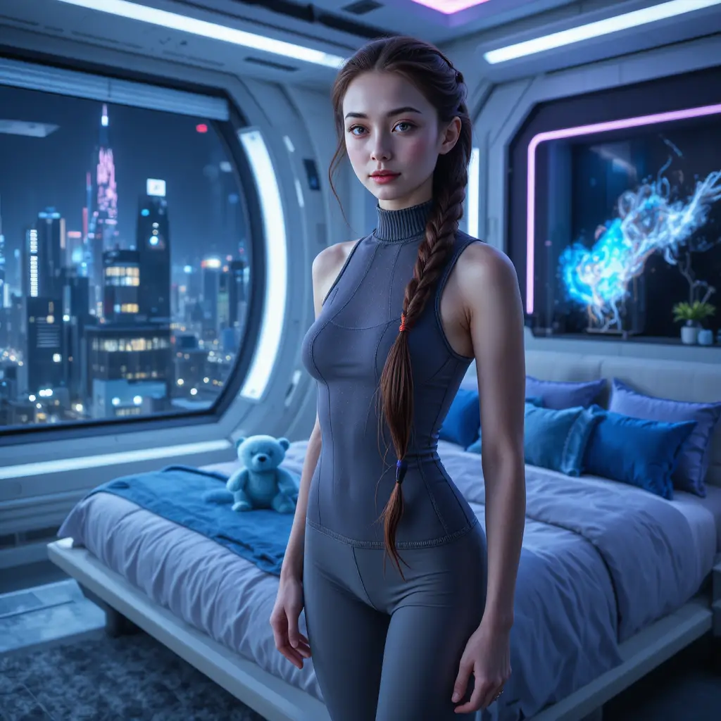 Young woman in spandex outfit in futuristic bedroom at night