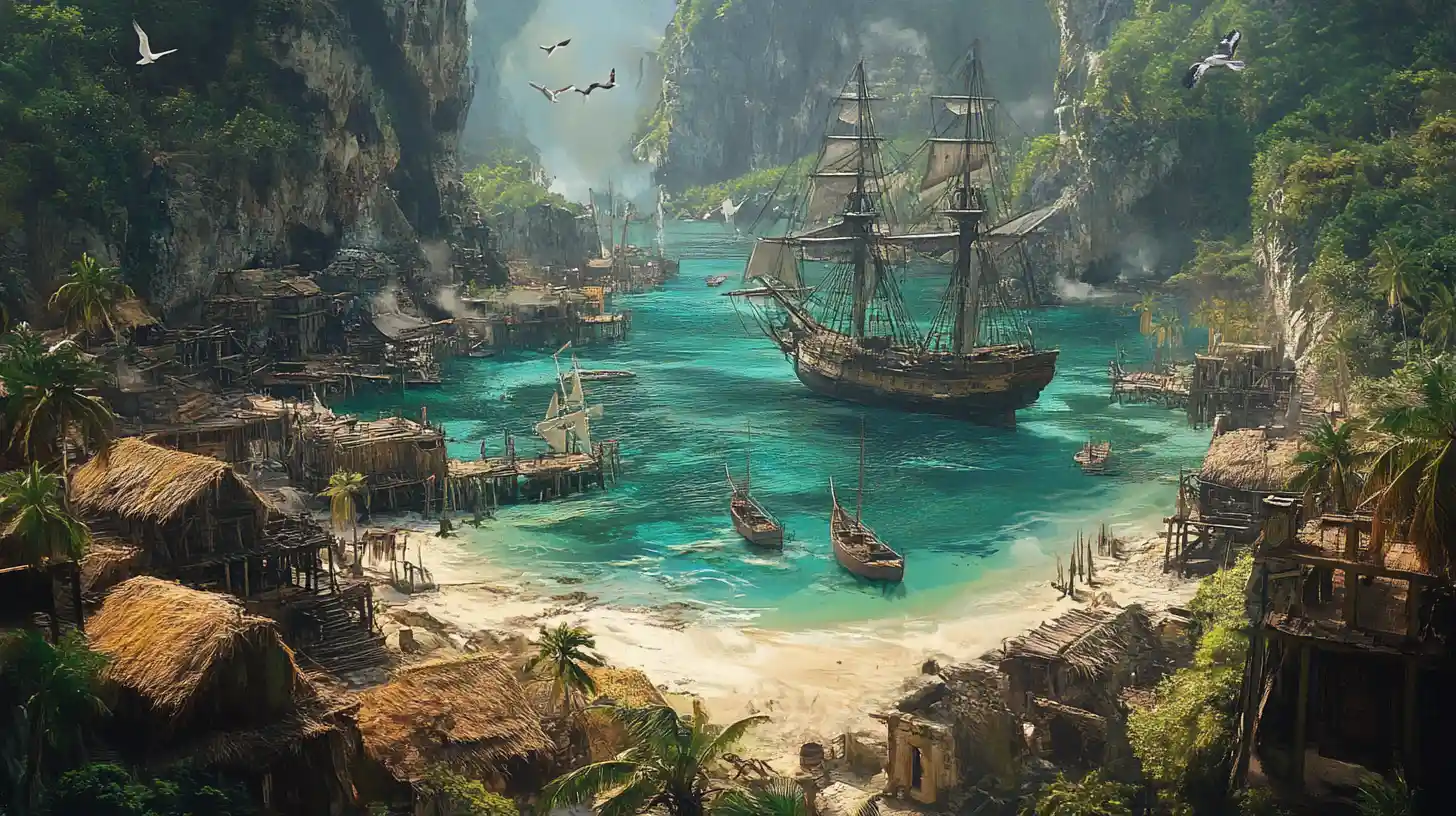 Dramatische Piratenbucht mit Schiffen und heruntergekommenen Strandhütten