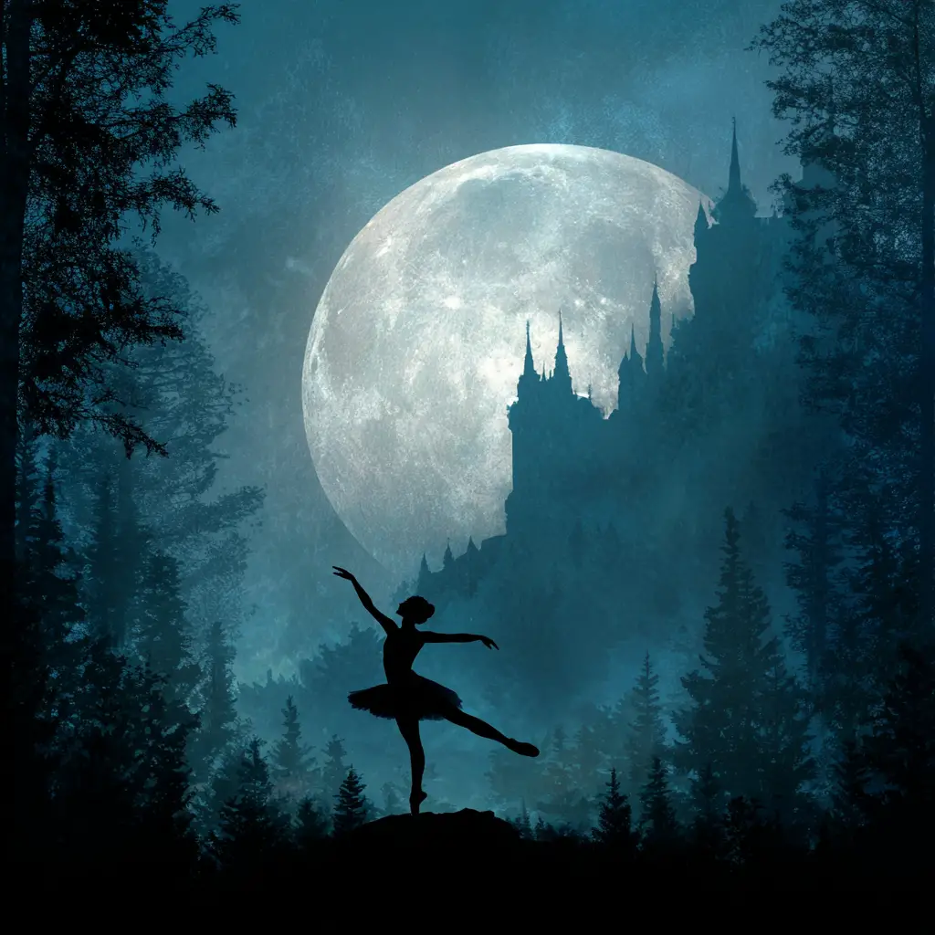 Silhouetted ballerina dancing before a giant silver moon