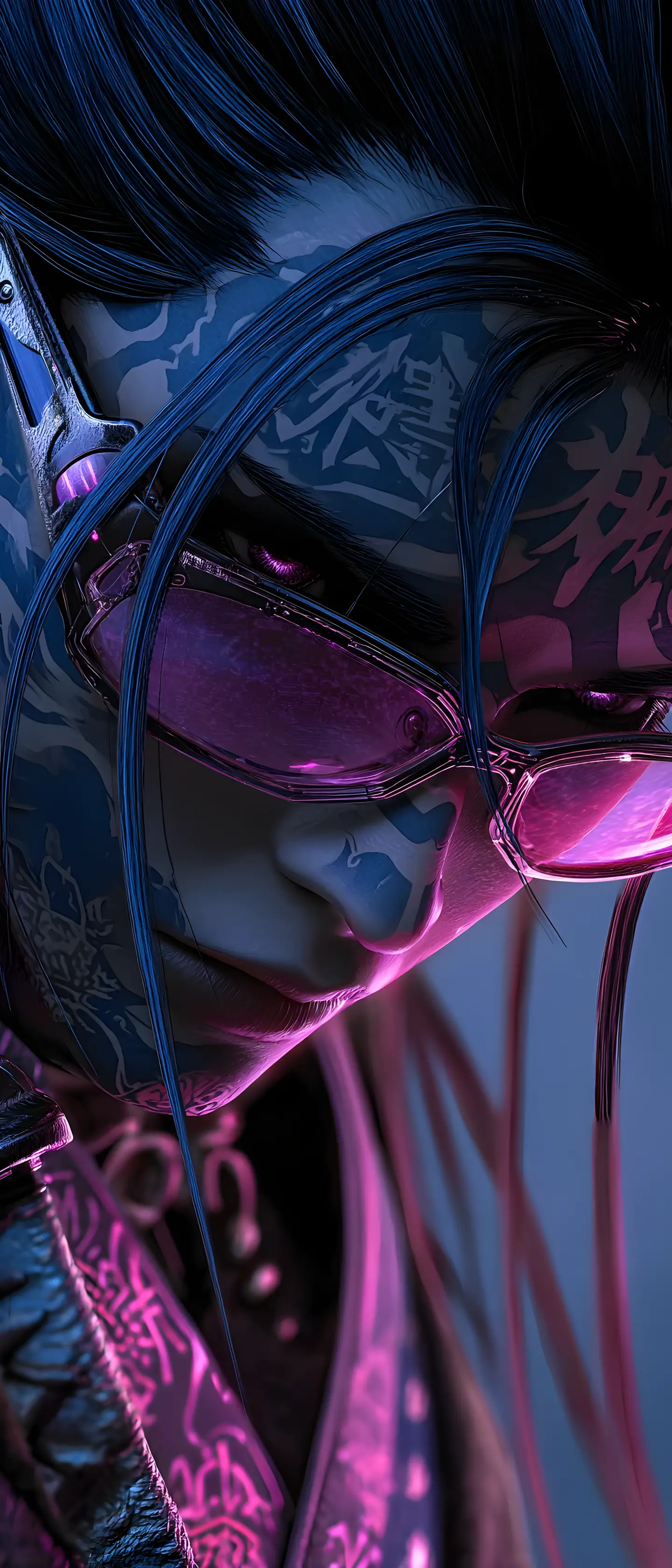 Cyberpunk warrior with glowing runes in a dark battlefield