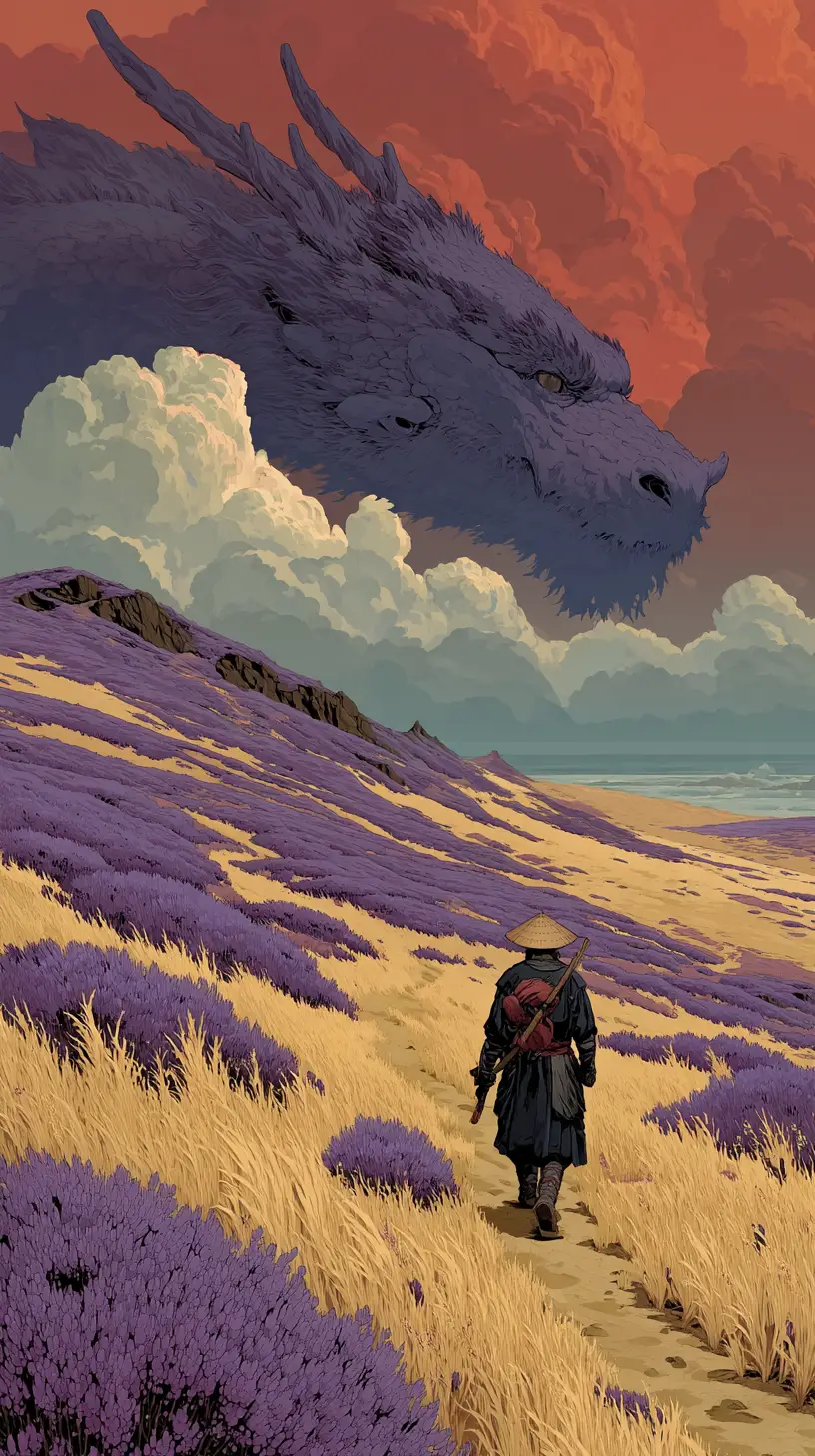 Lone samurai walking through vast dunes beneath ancient dragon