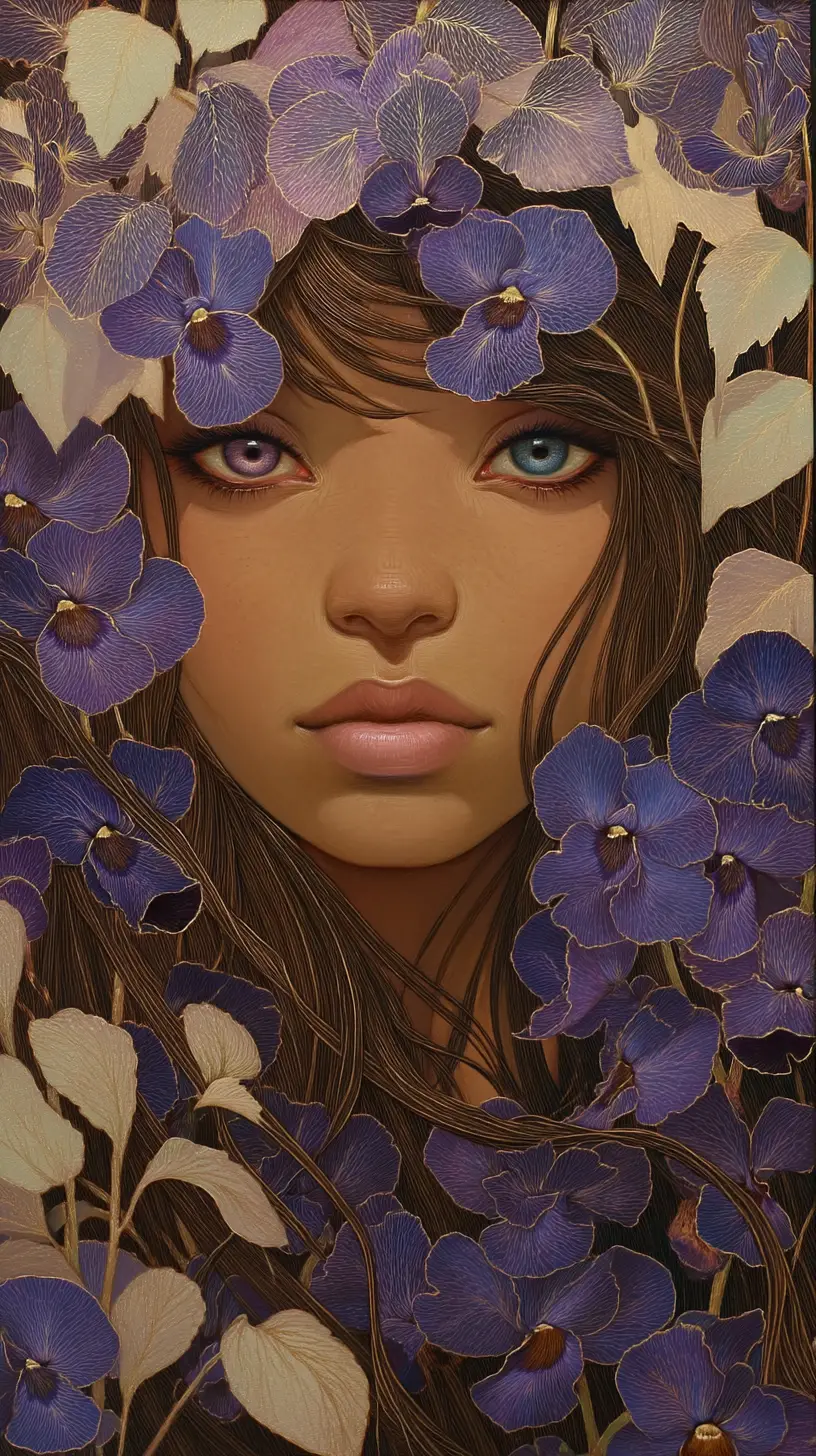 Surreal woman with heterochromatic eyes in violet blossoms