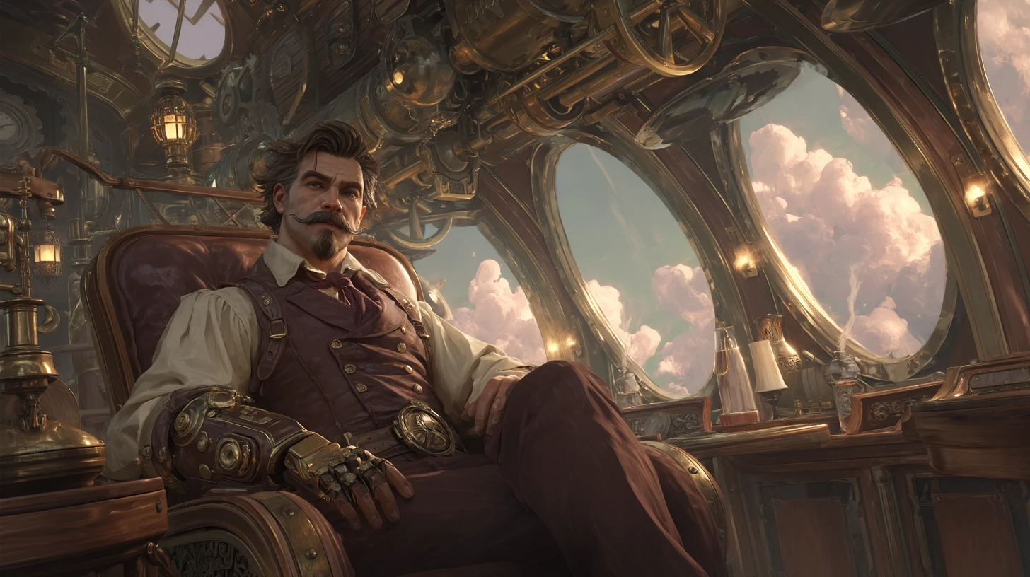 Victorian airship captain in a luxurious cabin interior