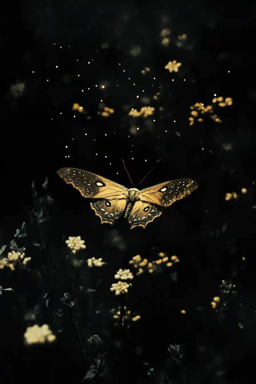 Hawk moth in a dark forest with glowing sundew