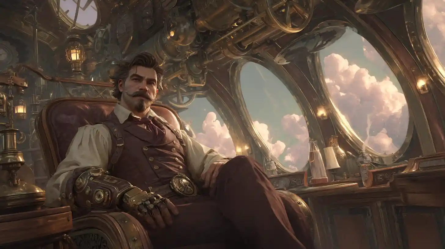 Capitaine de dirigeable victorien dans une cabine luxueuse