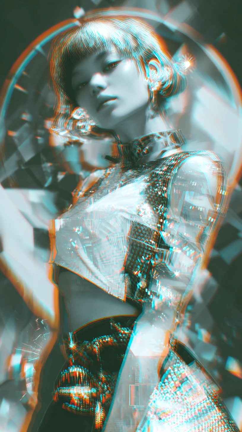 Mujer futurista en un vórtice digital neón surrealista