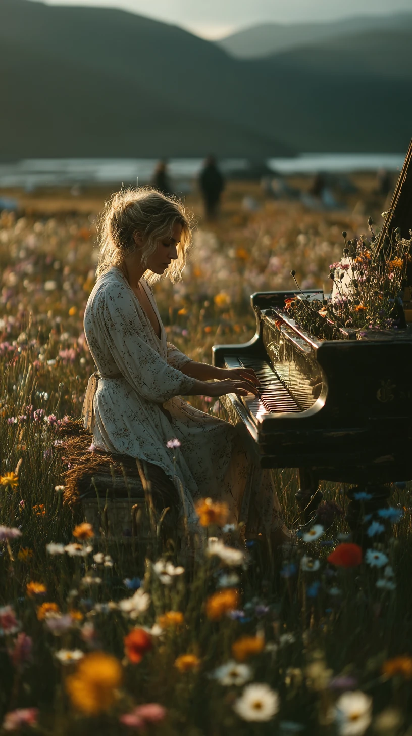 Woman at a grand piano in a sunlit wildflower meadow