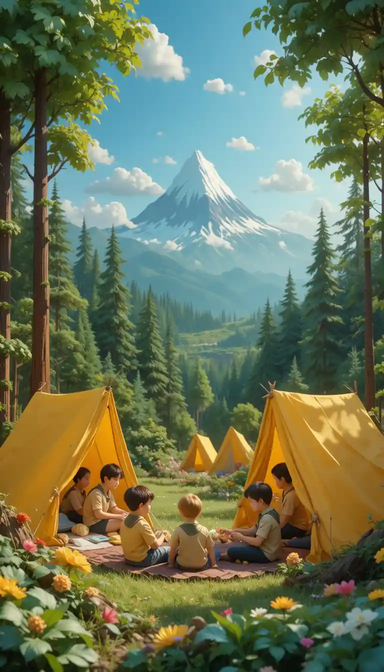 Playful clay illustration of scouts camping in a forest