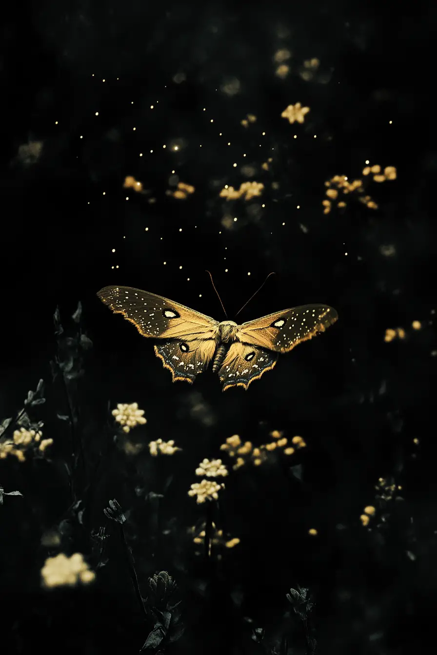 Hawk moth in a dark forest with glowing sundew