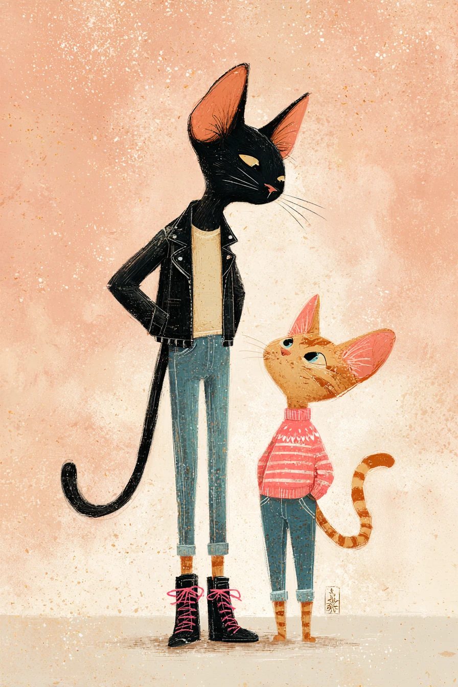 Tall and short cats as best friends in warm illustration