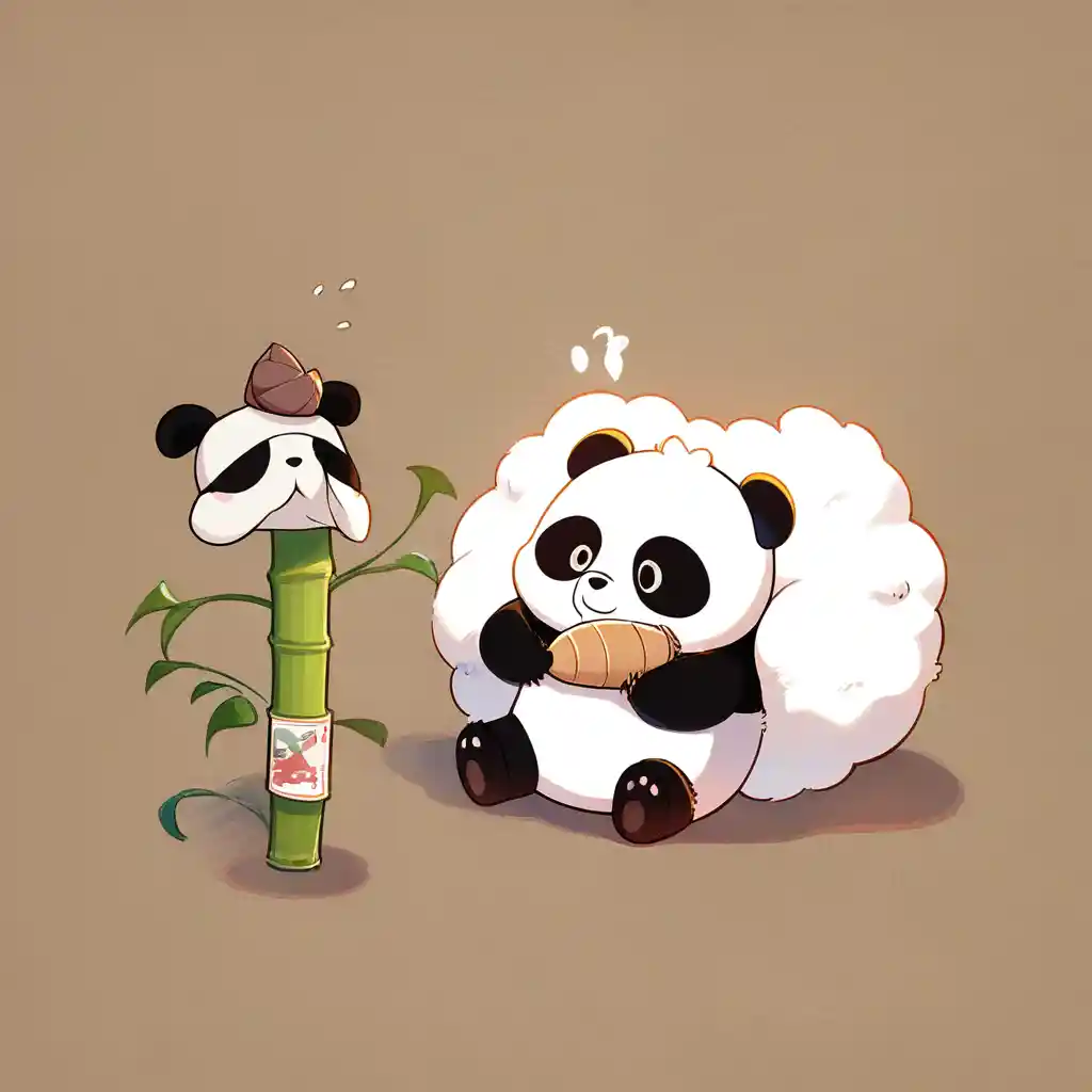 Cute felt panda calmly holding a simple green bamboo