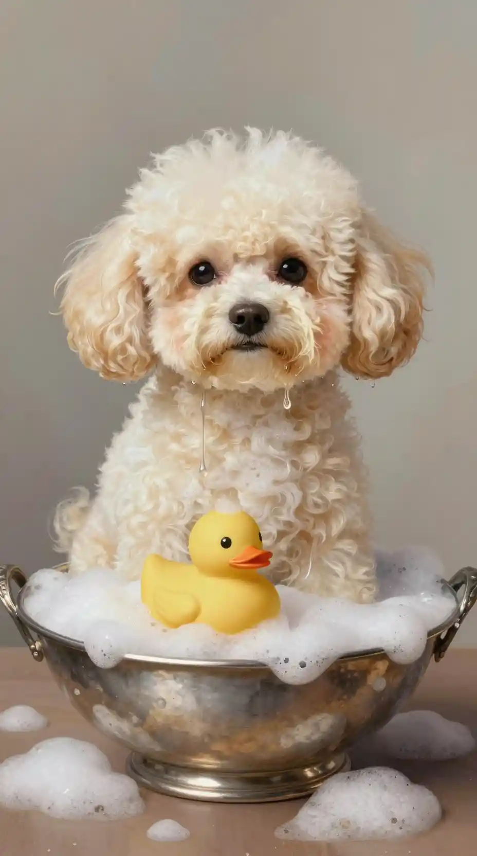 Fluffy poodle in antique silver bath with rubber duck