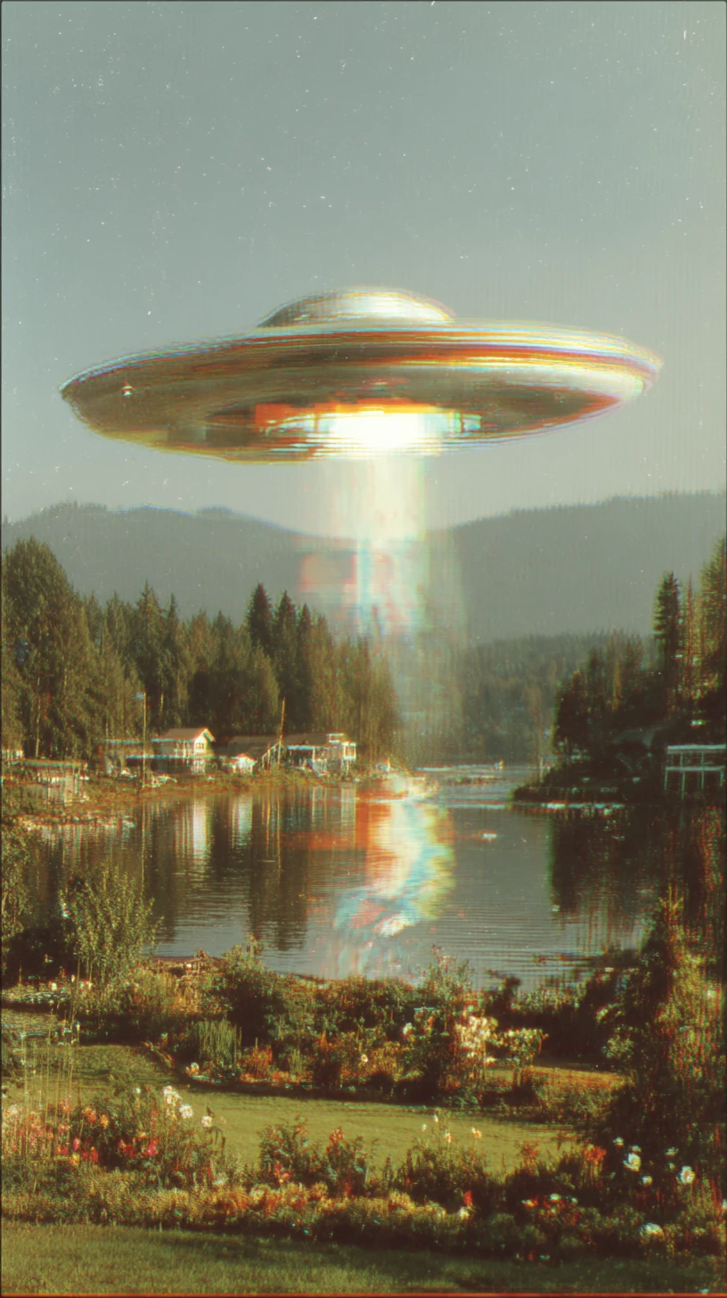 Futuristic UFO Hovering Over Lush Alienlike Mountain Landscape