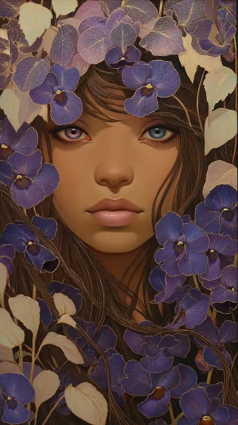 Surreal woman with heterochromatic eyes in violet blossoms