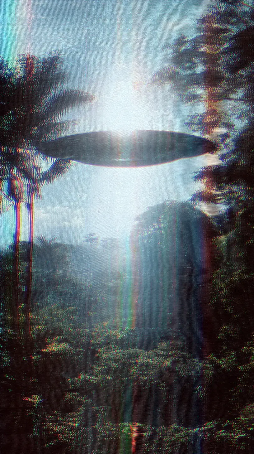 Futuristic ufo hovering above dense jungle in eerie sunlight