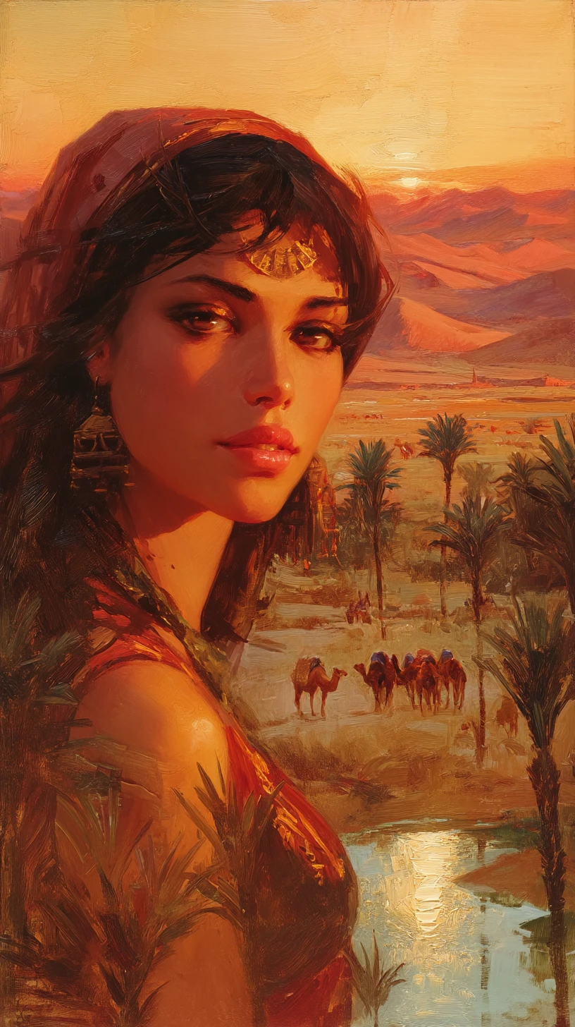 Diosa del desierto en pintura al óleo en un oasis al atardecer