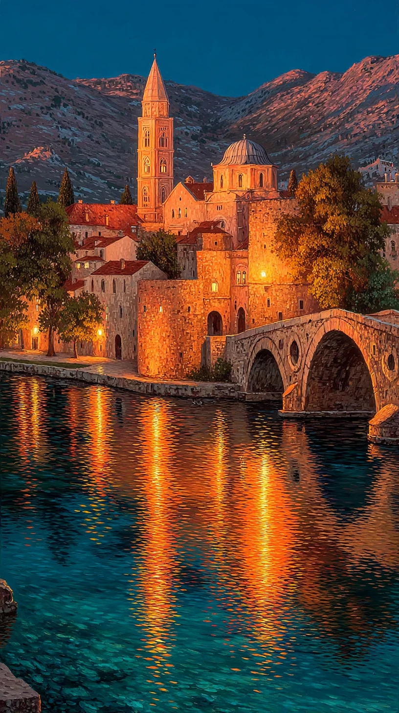 Pintura na hora dourada da cidade velha de Trebinje e do rio