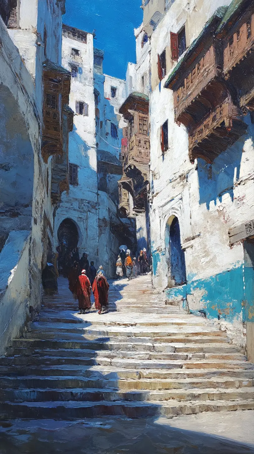 Dramatic low angle painting of an Algerian casbah alley