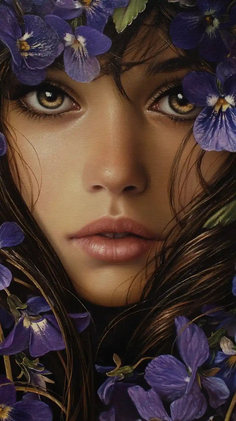 Surreal woman emerging from violets with luminous heterochromatic eyes
