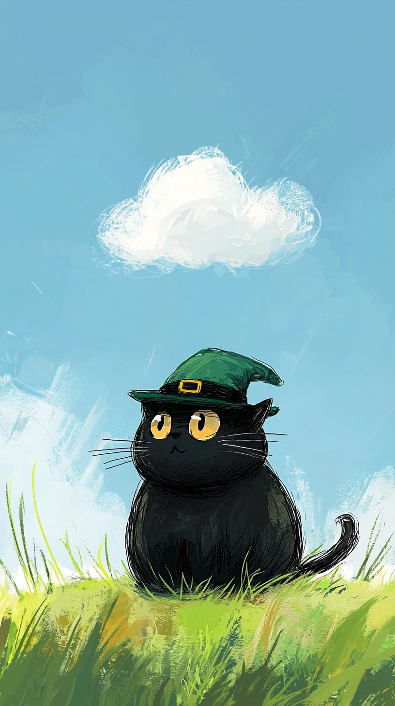 Adorable gato negro en la hierba con pequeño sombrero de bruja verde