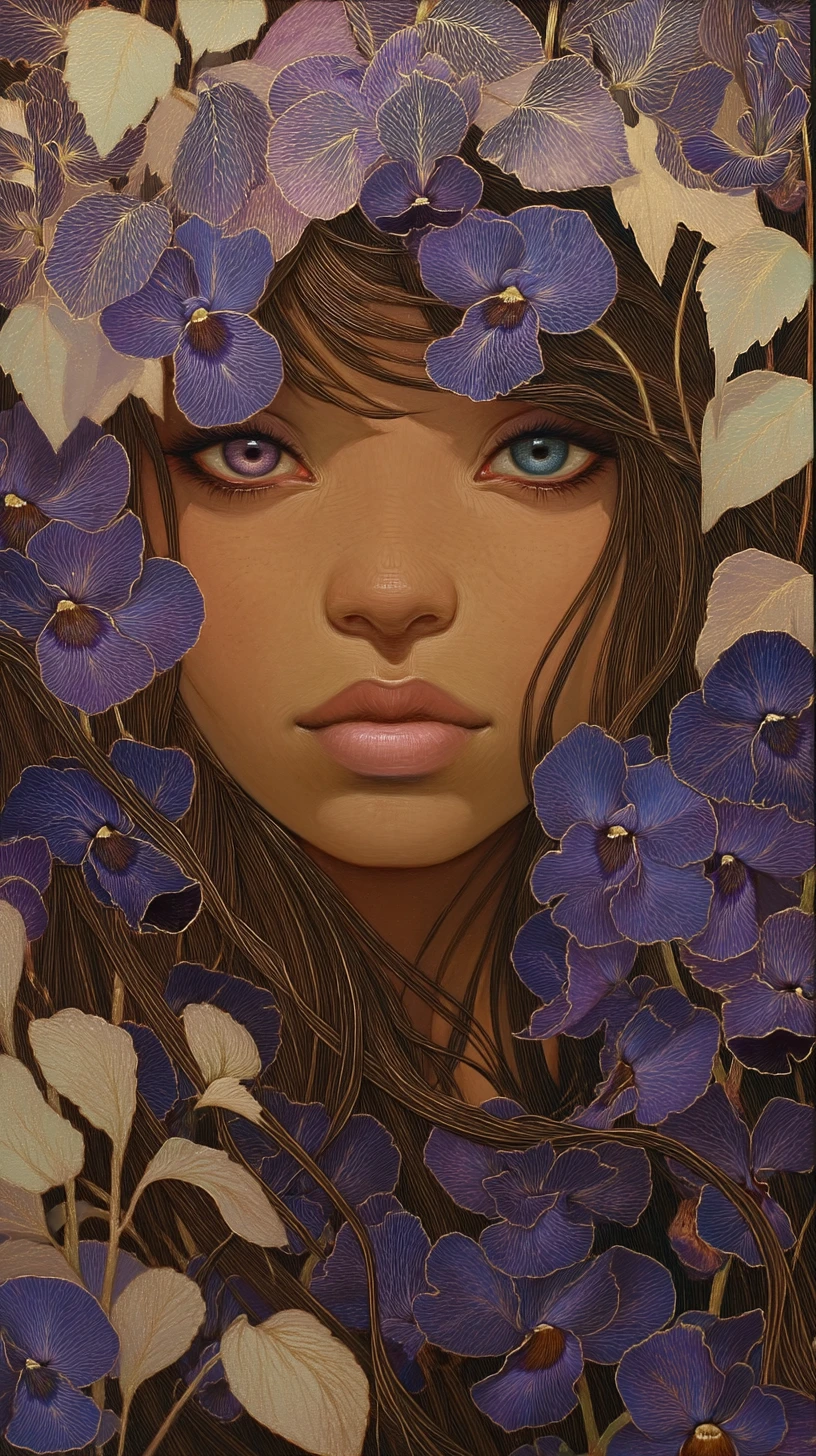 Surreal woman with heterochromatic eyes in violet blossoms
