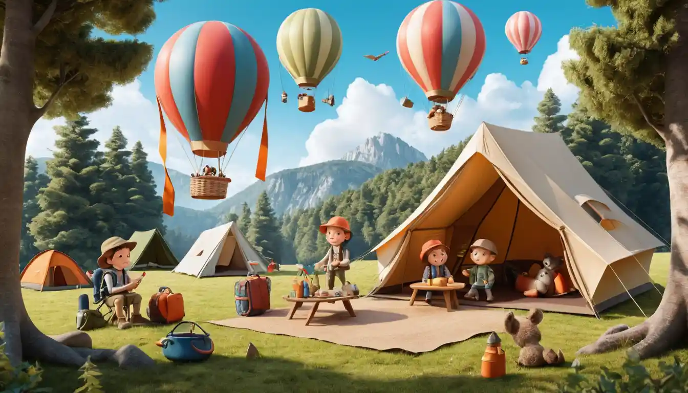 Childlike clay camping tents in a peaceful forest