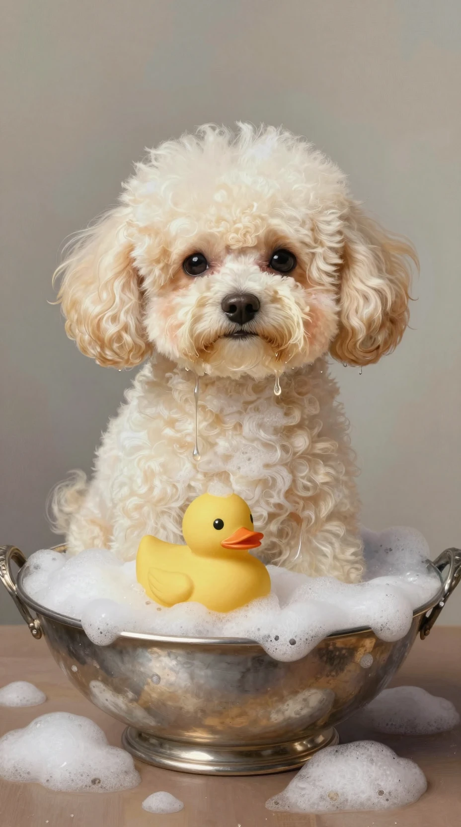 Fluffy poodle in antique silver bath with rubber duck