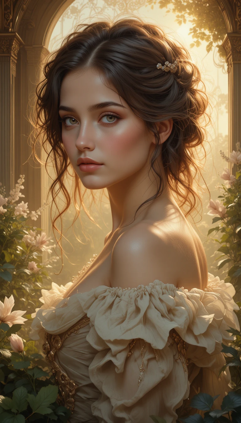 Elegant eighteenth century woman in golden baroque garden