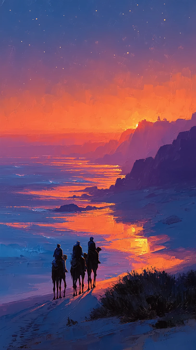 Caravan of Tuareg riders leaving a desert camp at dawn