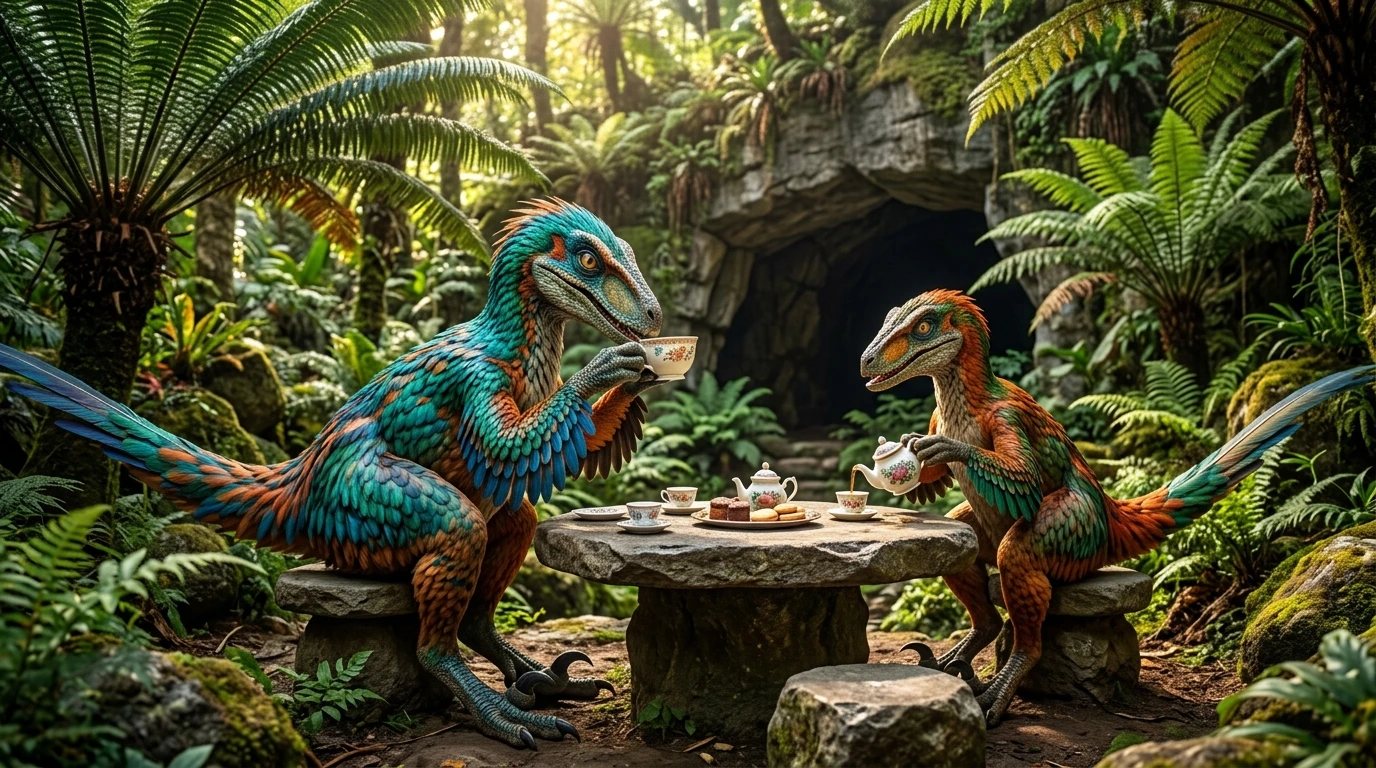 Colorful velociraptors sharing tea in a prehistoric forest