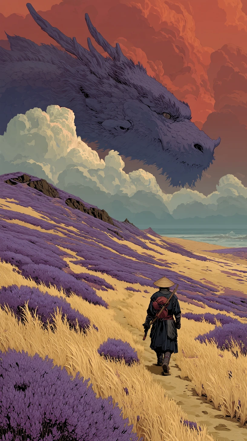 Lone samurai walking through vast dunes beneath ancient dragon