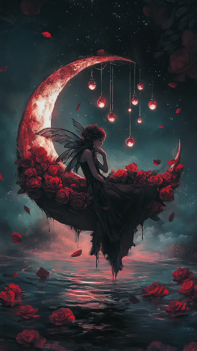 Hada melancólica descansando en una luna creciente resquebrajada