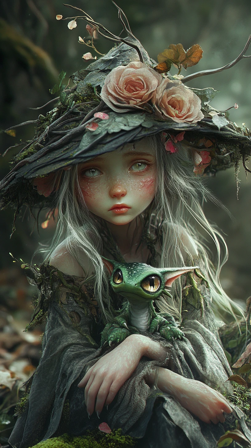 Melancholic forest girl holding a tiny green dragon
